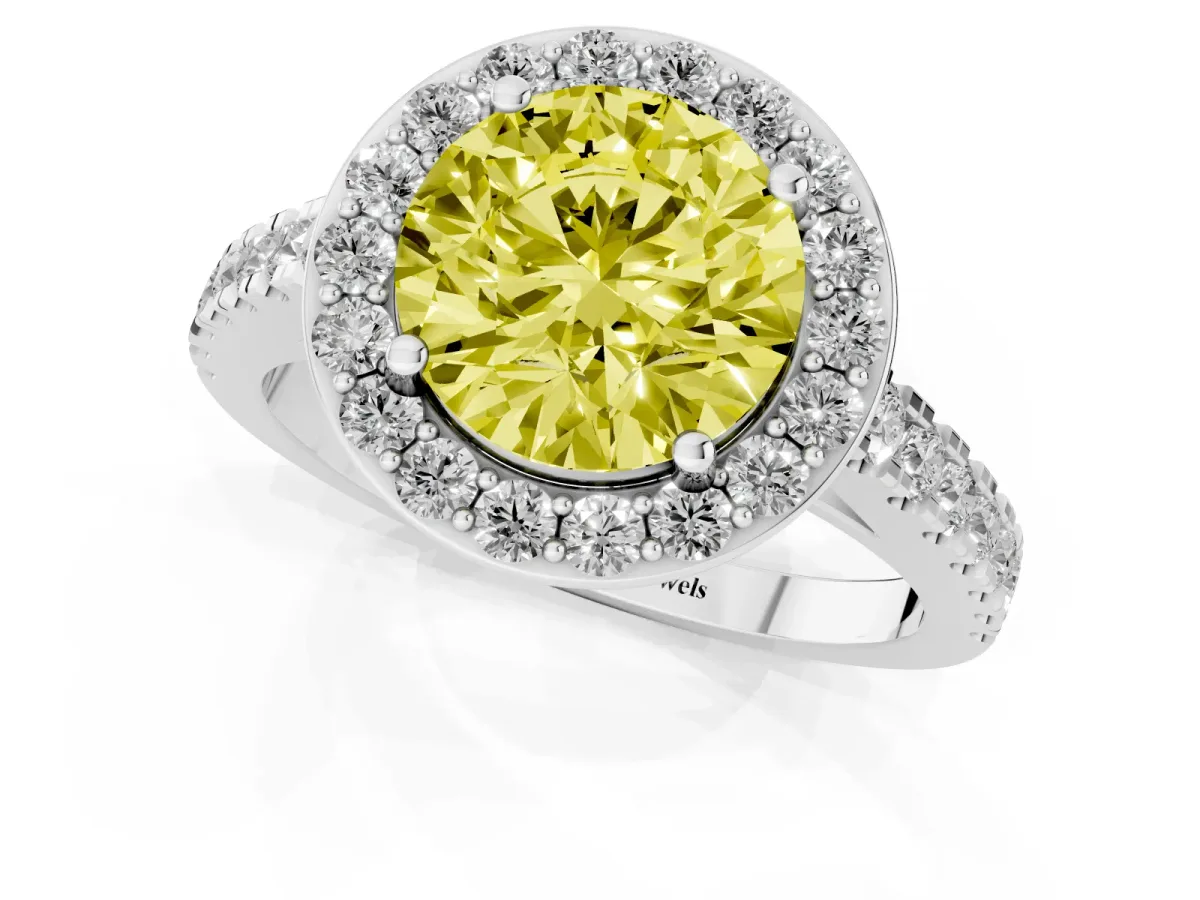 Fancy Yellow Round Cut Diamond Halo Ring with Round Pavé Split Shank and Prong Setting Silver