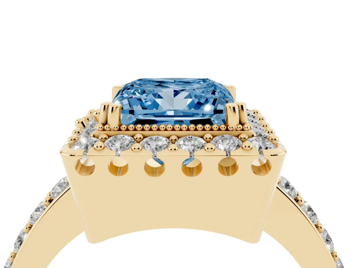Fancy Blue Princess Cut Diamond Halo Ring with Pavé Band and Prong Setting Yellow gold