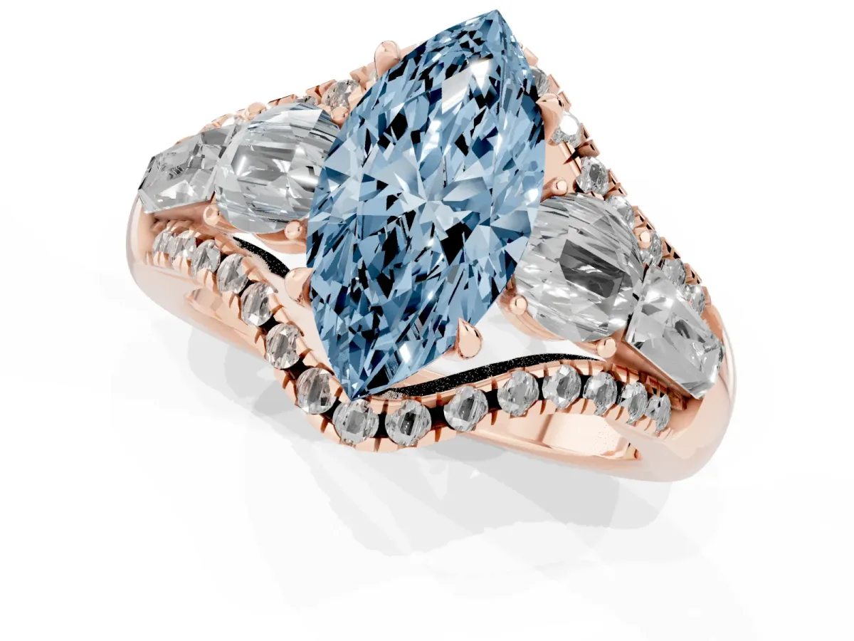 Fancy Blue Three-Stone Marquise Cut Diamond Engagement Ring with Pave Band and Prong Setting Rose gold