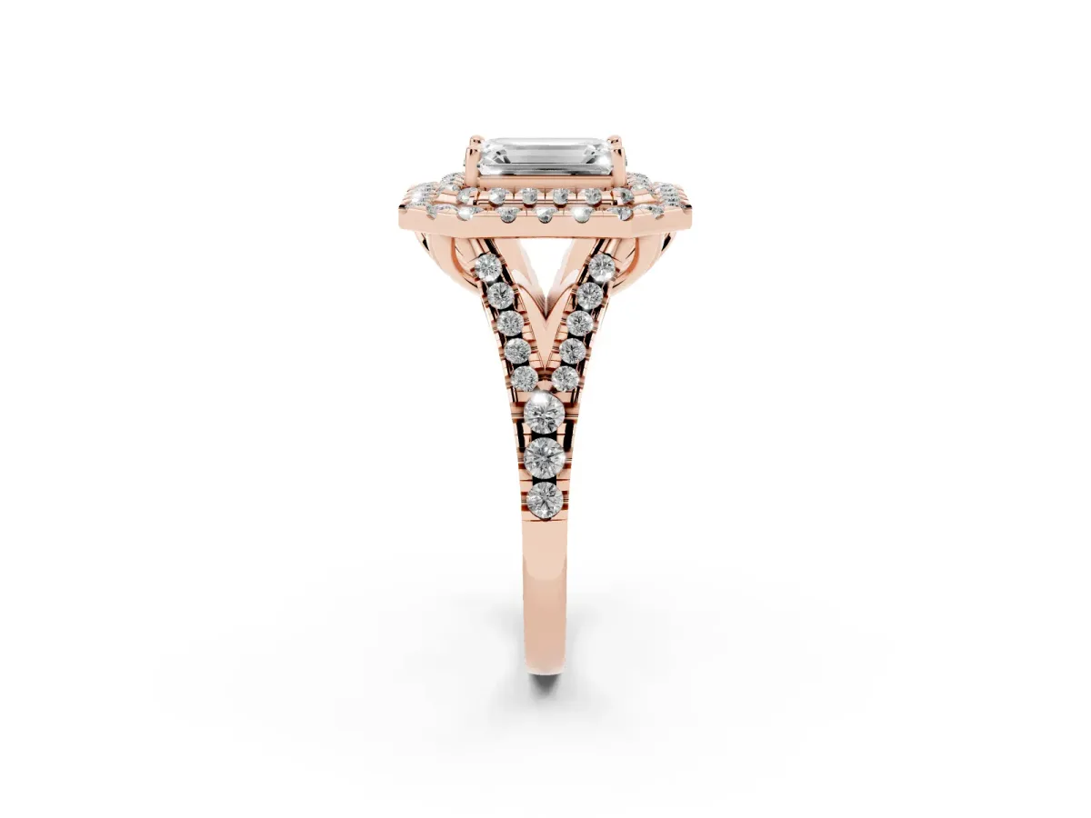 Double Halo Emerald Cut Diamond Pavé Split Shank Ring with Prong Setting Rose gold
