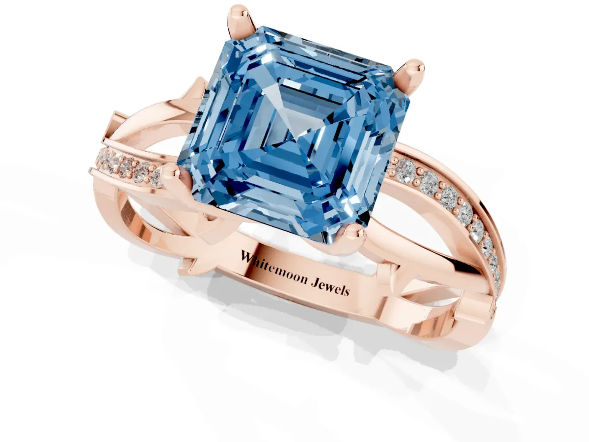 Fancy Blue Asscher Cut Solitaire Twist Band with Pavé Accents and Four-Prong Setting Rose gold