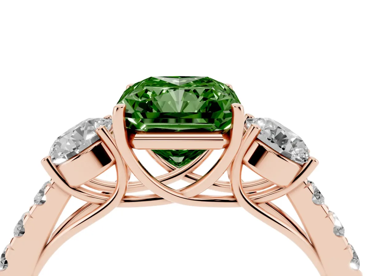 Fancy Green Radiant Cut Cut Diamond Three-Stone Ring with Round Side Stones and Pavé Band Rose gold