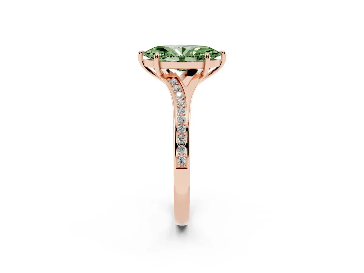 Fancy Green Marquise Cut Diamond Solitaire Ring with Pavé Band and Prong Setting Rose gold