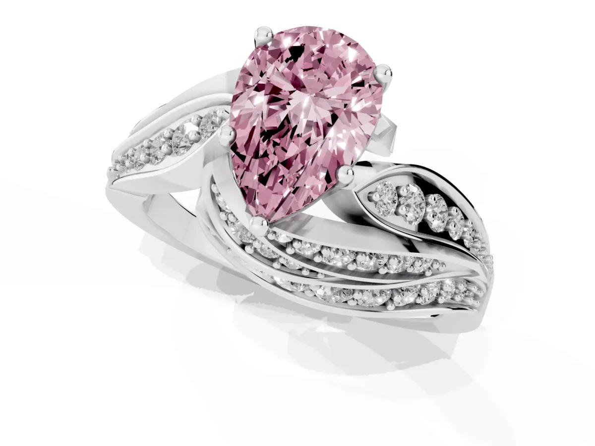 Fancy Pink Pear Cut Diamond Solitaire Ring with Prong Setting and Twisted Pavé Band Silver