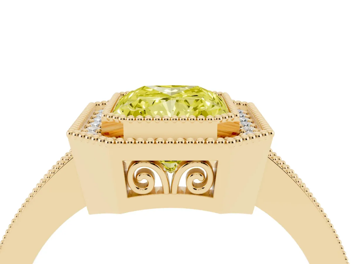 Fancy Yellow Radiant Cut Cut Halo Diamond Ring with Pavé Band and Milgrain Prong Setting Yellow gold