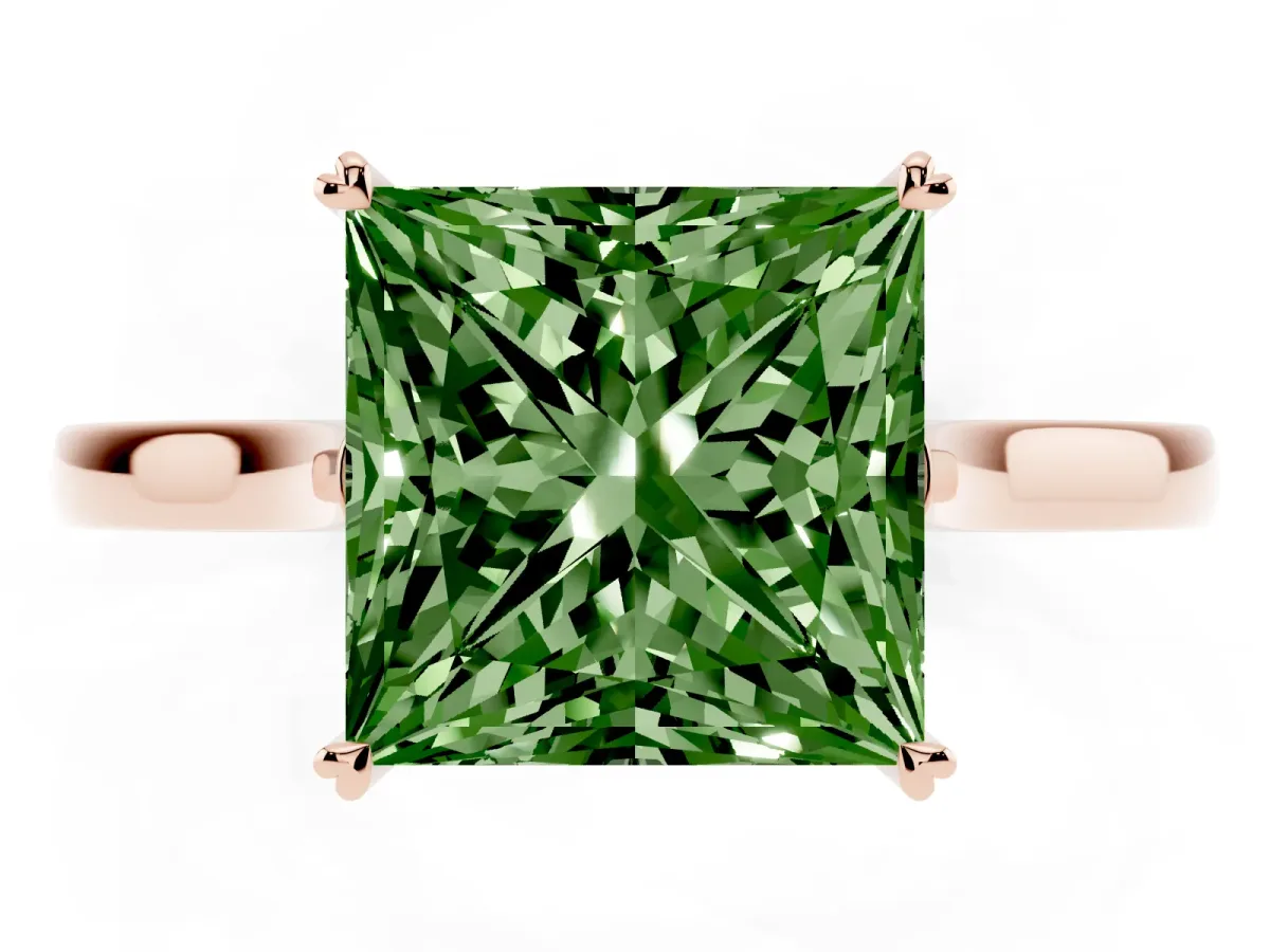 Fancy Green Princess Cut Solitaire Heart Prong Engagement Ring with Tapered Band Rose gold