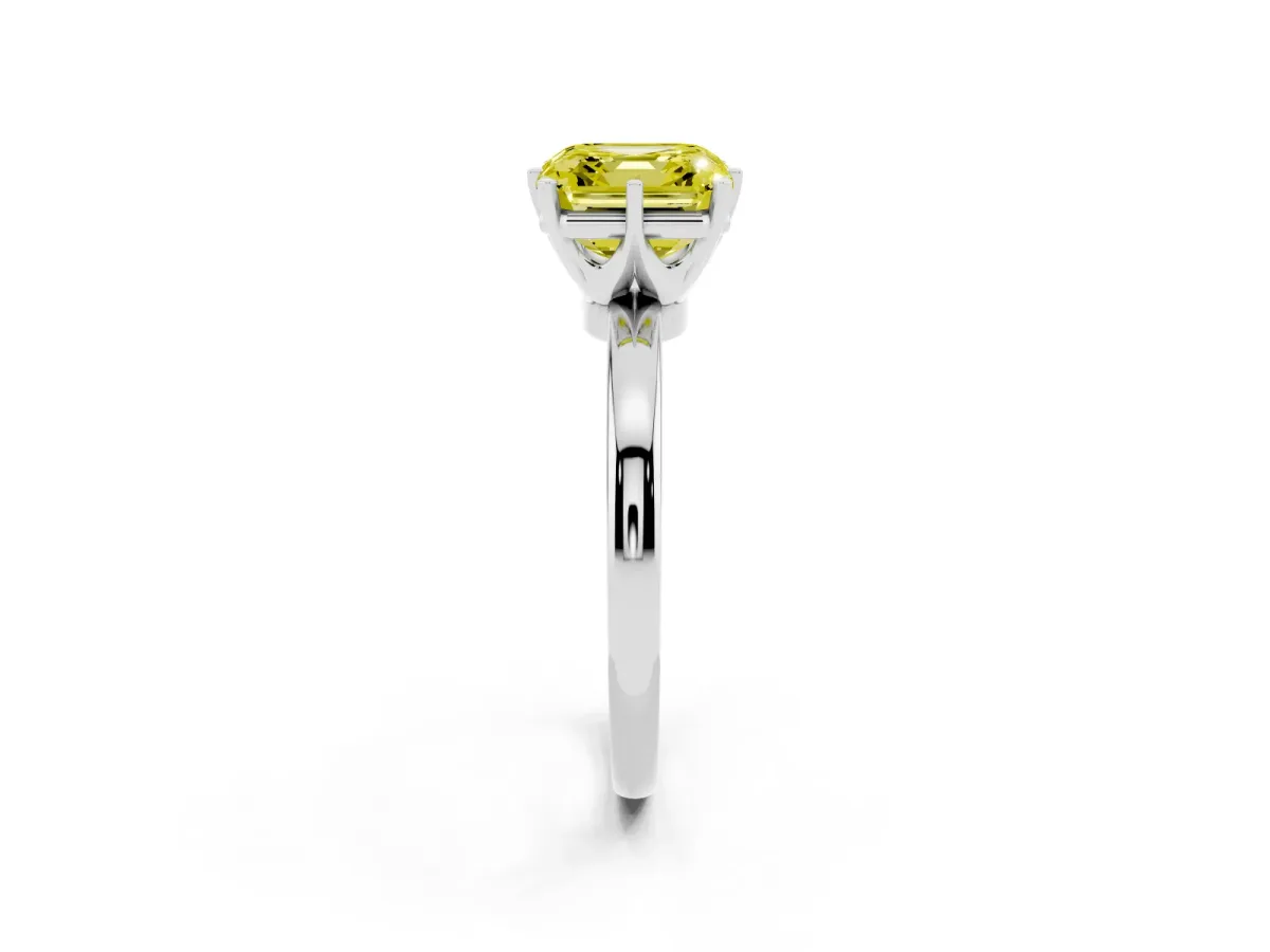 Fancy Yellow Asscher Cut Solitaire Diamond Ring with Six-Prong Setting on a Classic Band Silver
