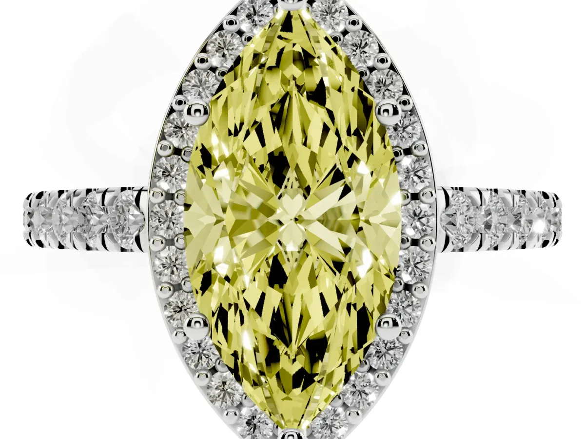 Fancy Yellow Marquise Cut Cut Halo Diamond Engagement Ring with Pave Band and Four-Prong Setting White gold