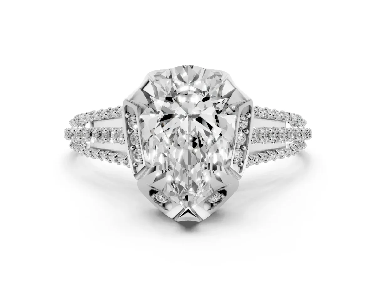 Pear Cut Solitaire Pave Split Shank Ring with Four-Prong Setting Silver