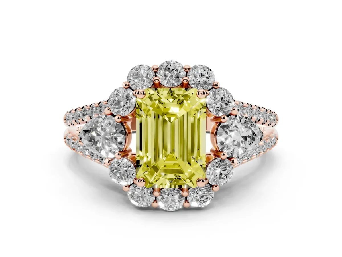 Fancy Yellow Emerald Cut Halo Split Shank Diamond Engagement Ring with Prong Setting Rose gold