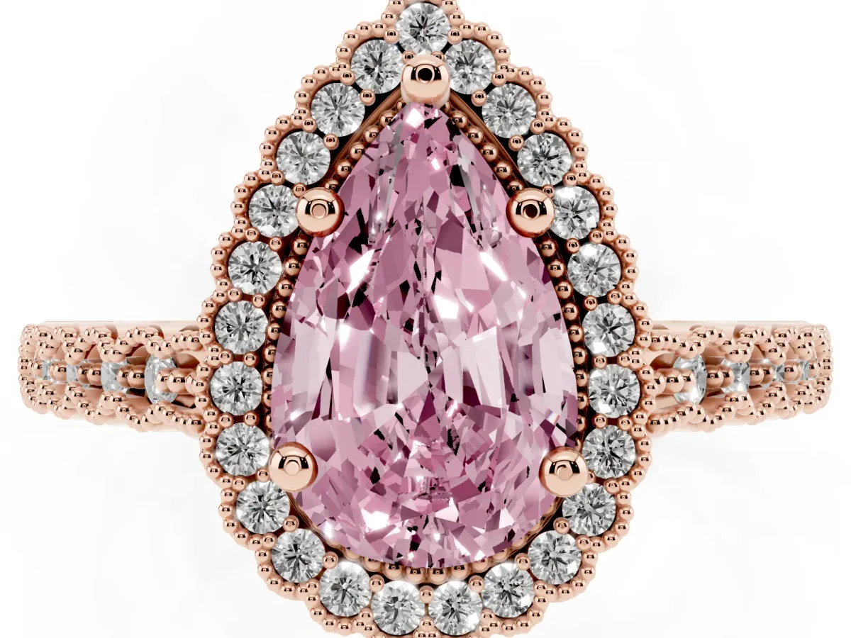 Fancy Pink Pear Cut Cut Halo Pavé Solitaire Ring with Milgrain Band Rose gold