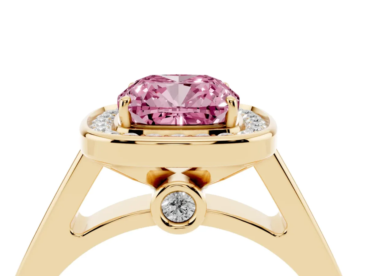 Fancy Pink Cushion Cut Halo Solitaire Diamond Ring with Pave Band and Bezel Setting Yellow gold