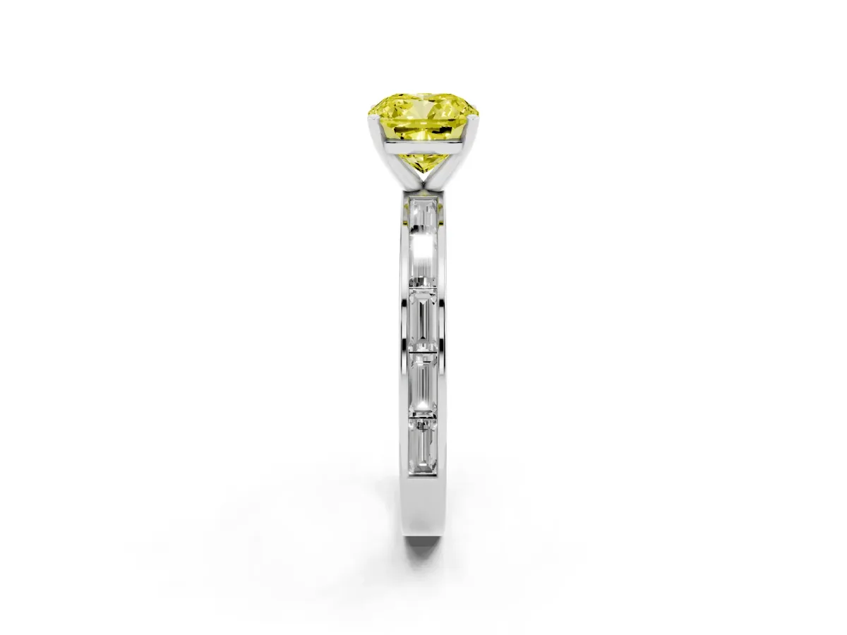 Fancy Yellow Cushion Cut Solitaire Diamond Ring with Channel-Set Baguette Band and Four-Prong Setting Platinum