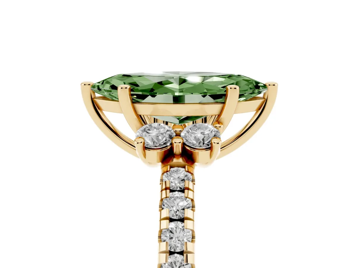 Fancy Green Marquise Cut Diamond Three-Stone Pave Band with Four-Prong Setting Yellow gold