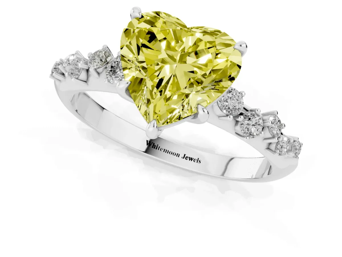 Fancy Yellow Heart Cut Diamond Cluster Side Stone Solitaire Ring with Prong Setting Silver
