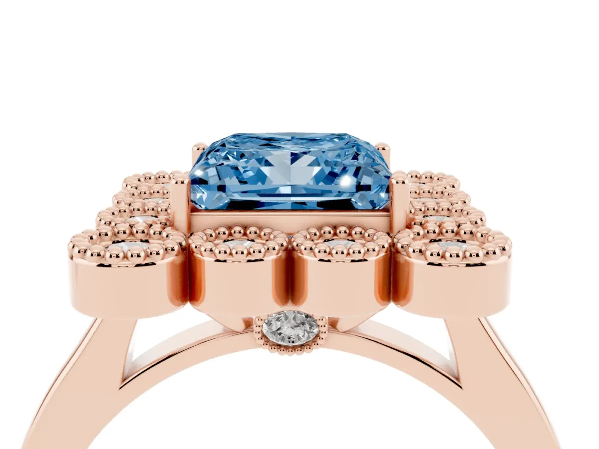 Fancy Blue Princess Cut Halo Diamond Cluster Engagement Ring with Milgrain Bezel Setting and Solitaire Band Rose gold