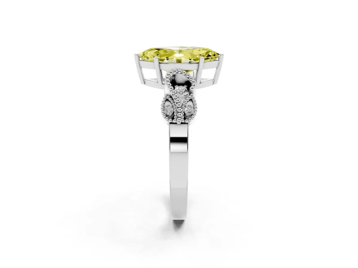 Fancy Yellow Marquise Cut Solitaire Milgrain Leaf Band with Prong Setting Silver