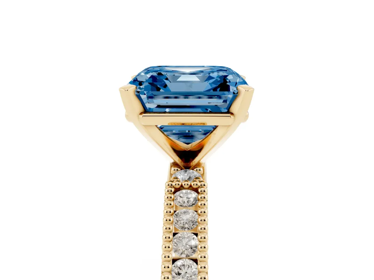 Fancy Blue Asscher Cut Solitaire with Pavé Band and Four-Prong Setting Yellow gold