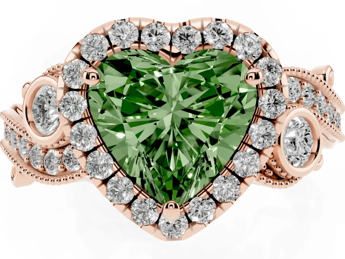 Fancy Green Heart Cut Diamond Halo Ring with Milgrain Pavé Band and Four-Prong Setting Rose gold