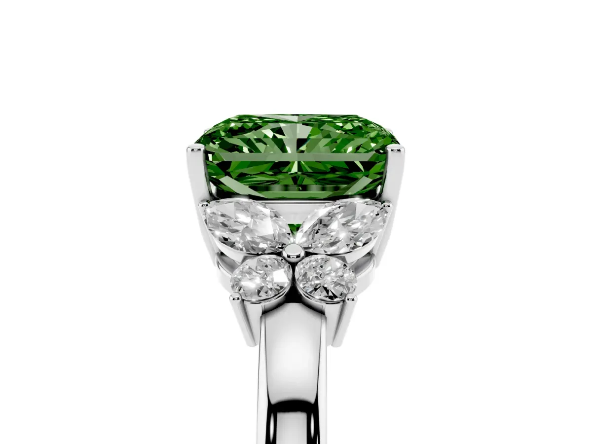Fancy Green Radiant Cut Cut Solitaire Floral Diamond Ring with Four-Prong Setting Silver