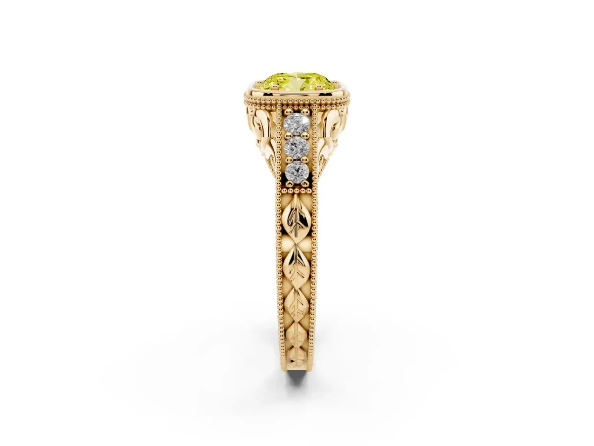 Fancy Yellow Bezel Set Cushion Cut Diamond Milgrain Pave Engagement Ring Yellow gold