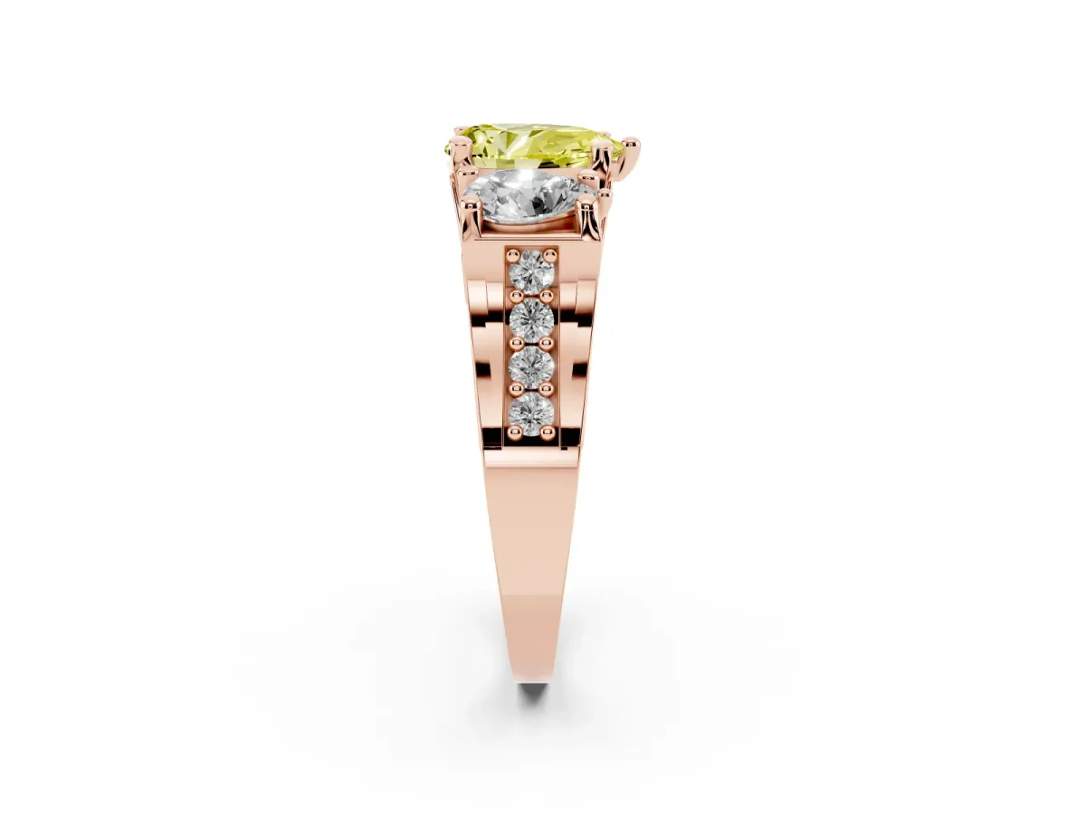Fancy Yellow Pear Cut Diamond Three-Stone Ring with Channel Set Band and Four-Prong Setting Rose gold