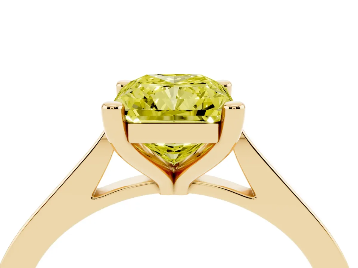 Fancy Yellow Radiant Cut Solitaire Diamond Ring with Four-Prong Setting and Tapered Band Yellow gold