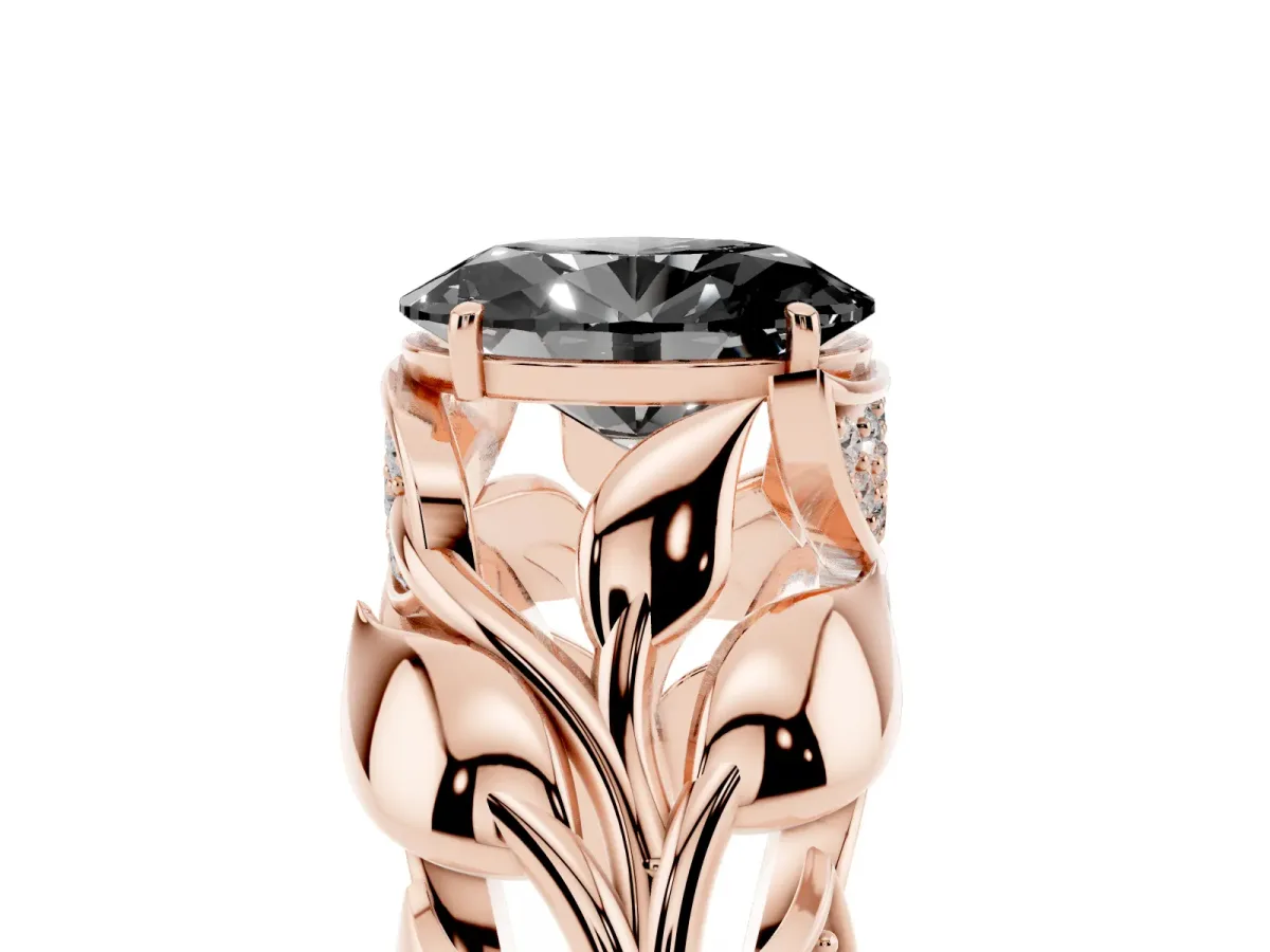 Fancy Black Oval Cut Diamond Leaf-Inspired Engagement Ring with Round Accents and Prong Setting Rose gold