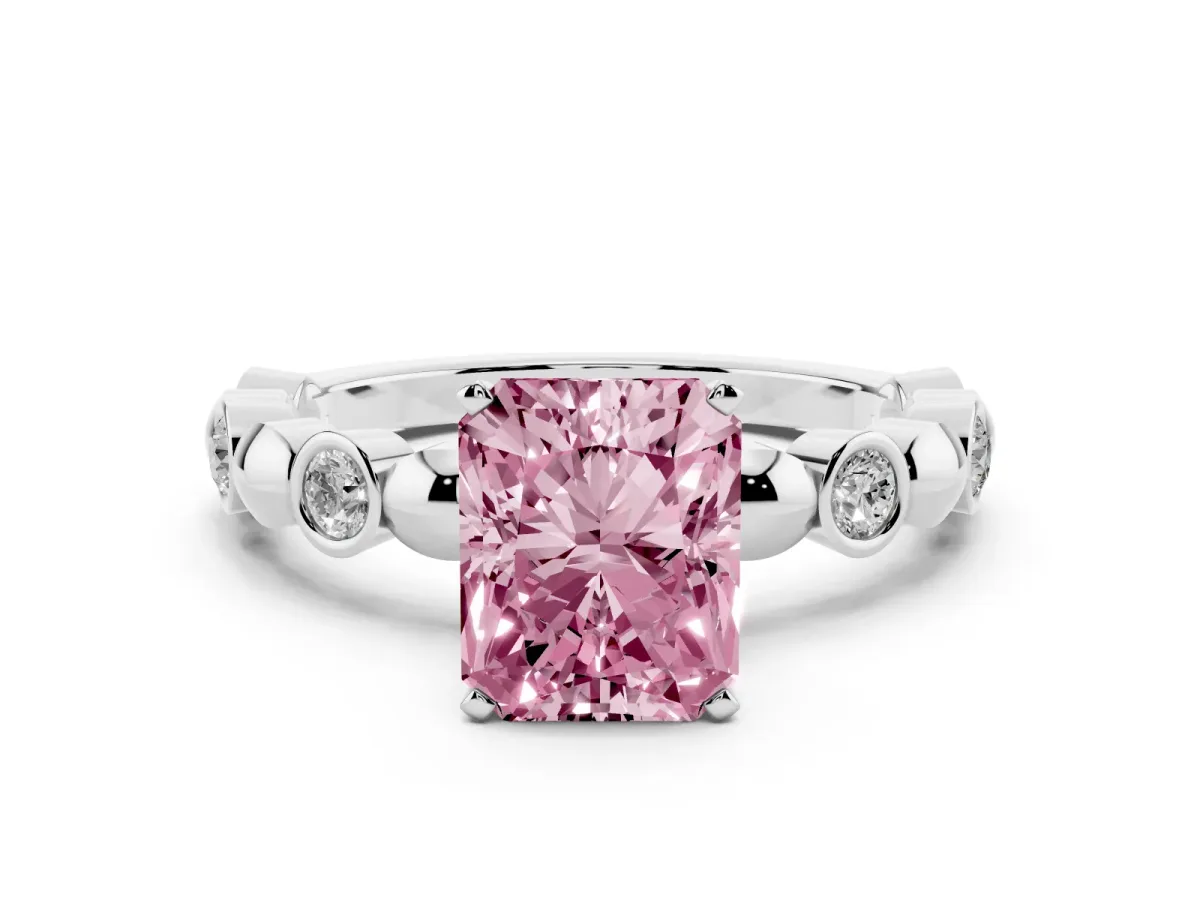 Fancy Pink Radiant Cut Solitaire Bezel-Set Diamond Ring with Beaded Band and Four-Prong Setting Silver