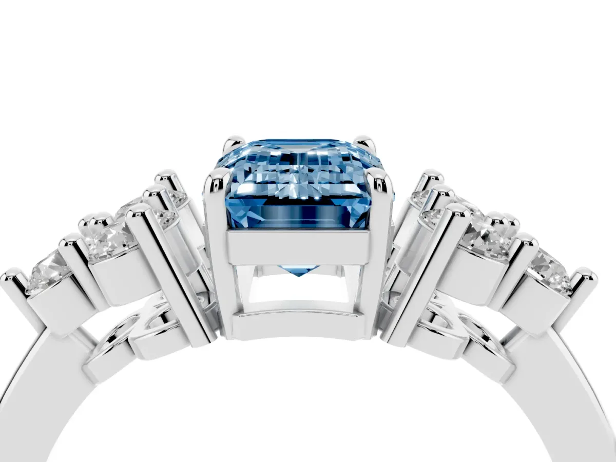 Fancy Blue Emerald Cut Brilliant Diamond Cluster Accent Solitaire Ring with Prong Setting White gold