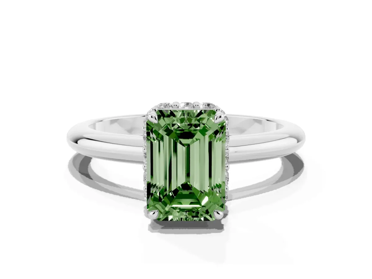 Fancy Green Emerald Cut Brilliant Solitaire Engagement Ring with Six-Prong Setting and Classic Band Silver