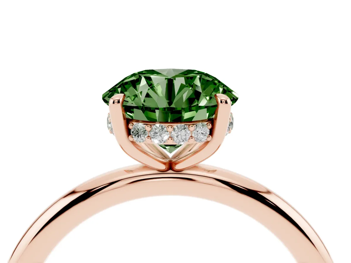Fancy Green Round Cut Diamond Solitaire Ring with Thin Band and Four-Prong Setting Rose gold