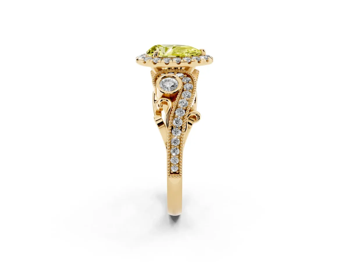 Fancy Yellow Pear Cut Diamond Halo Ring with Milgrain Pavé Band and Four-Prong Setting Yellow gold
