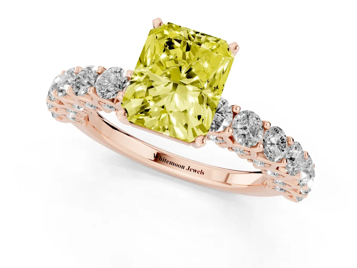 Fancy Yellow Radiant Cut Diamond Solitaire Ring with Shared Prong Pavé Band and Four-Prong Setting Rose gold