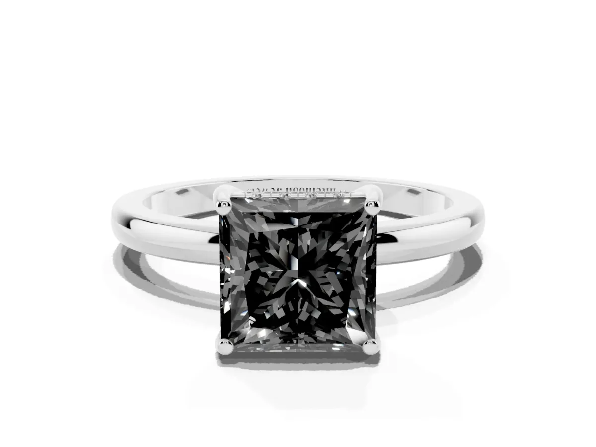 Fancy Black Princess Cut Solitaire Diamond Ring with Prong Setting and Plain Band Platinum
