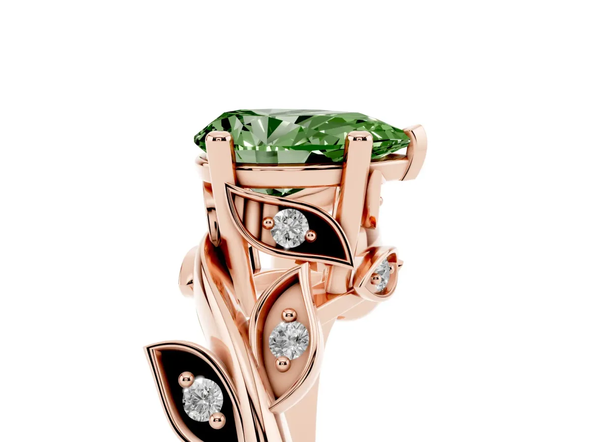 Fancy Green Pear Cut Solitaire Twist Engagement Ring with Leaf Accents and Prong Setting Rose gold