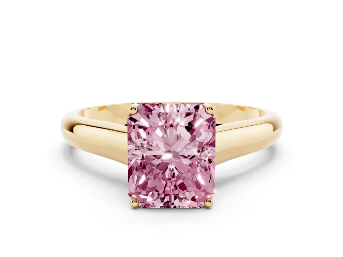 Fancy Pink Radiant Cut Solitaire Engagement Ring with Tapered Band and Four-Prong Setting Yellow gold