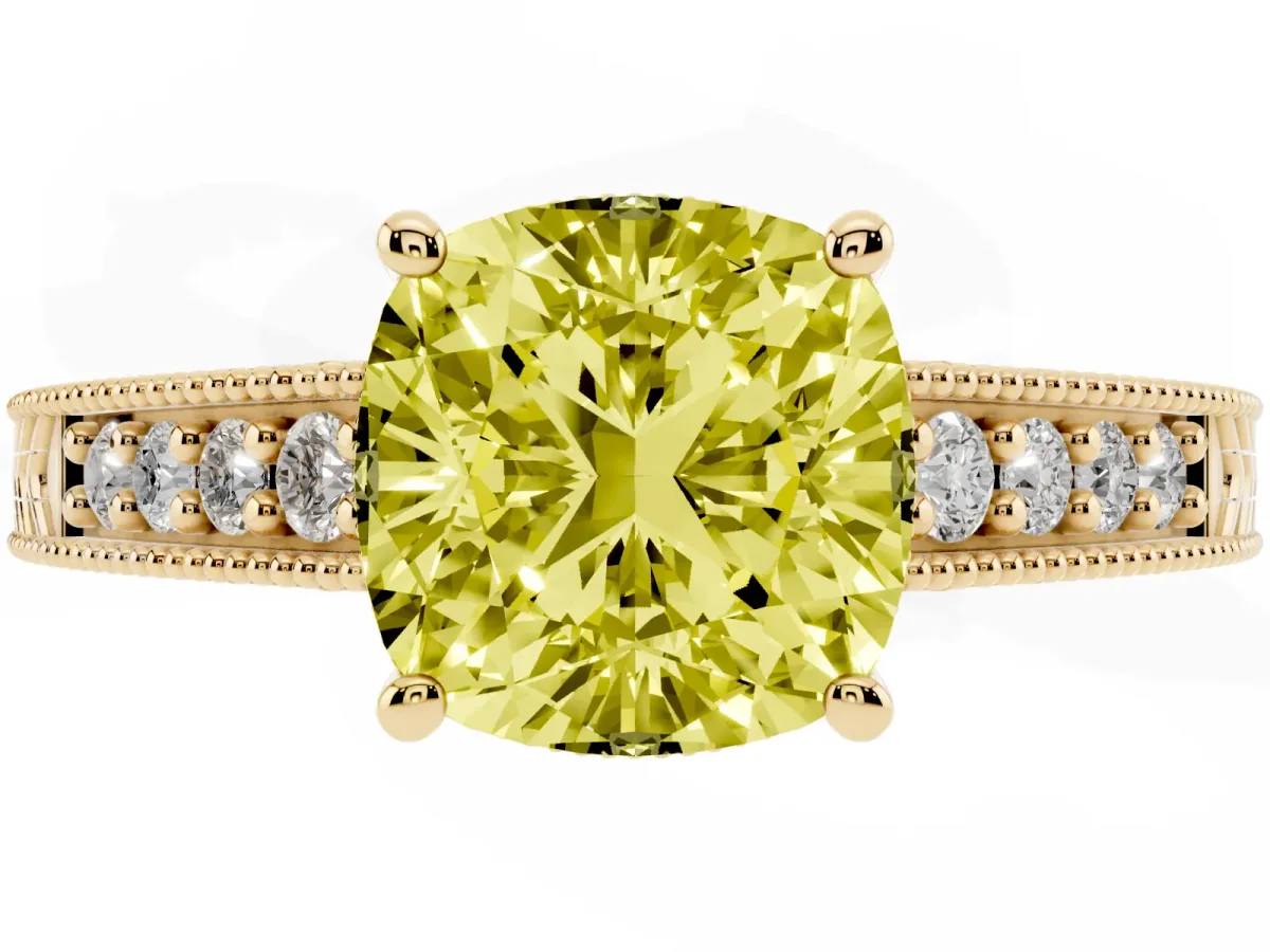 Fancy Yellow Cushion Cut Solitaire Pavé Diamond Milgrain Engagement Ring with Four-Prong Setting Yellow gold