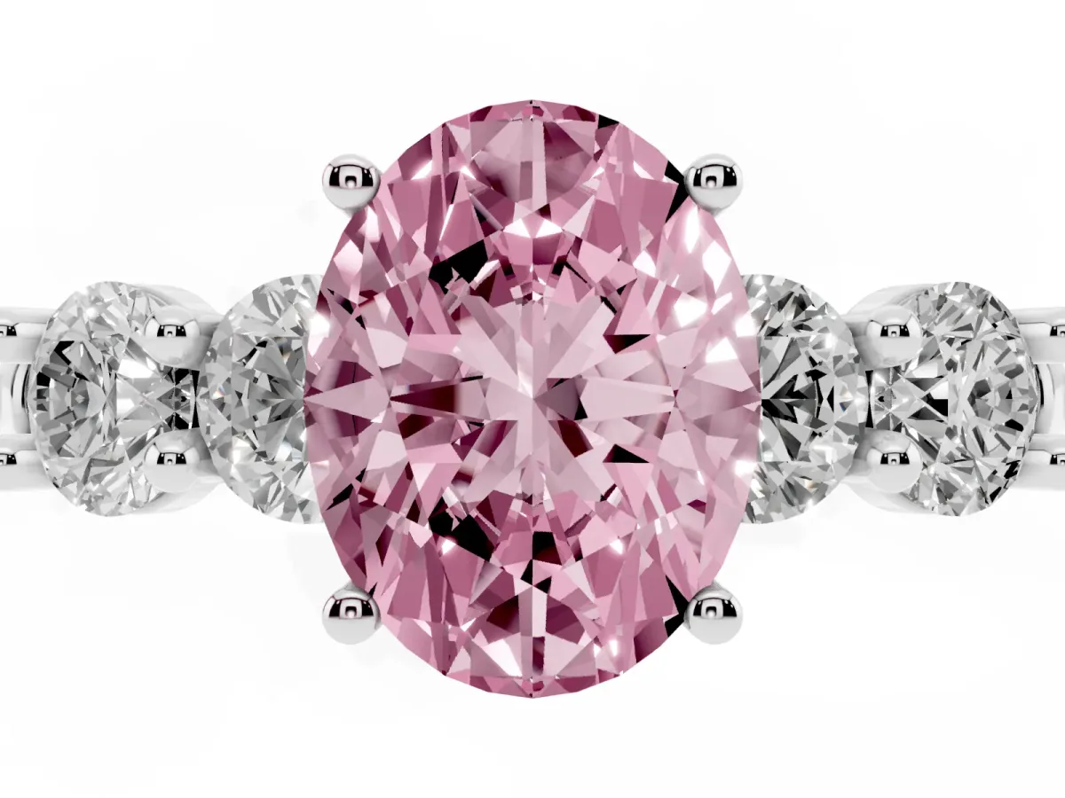 Fancy Pink Oval Cut Cut Five-Stone Prong Set Diamond Ring with Classic Band Silver