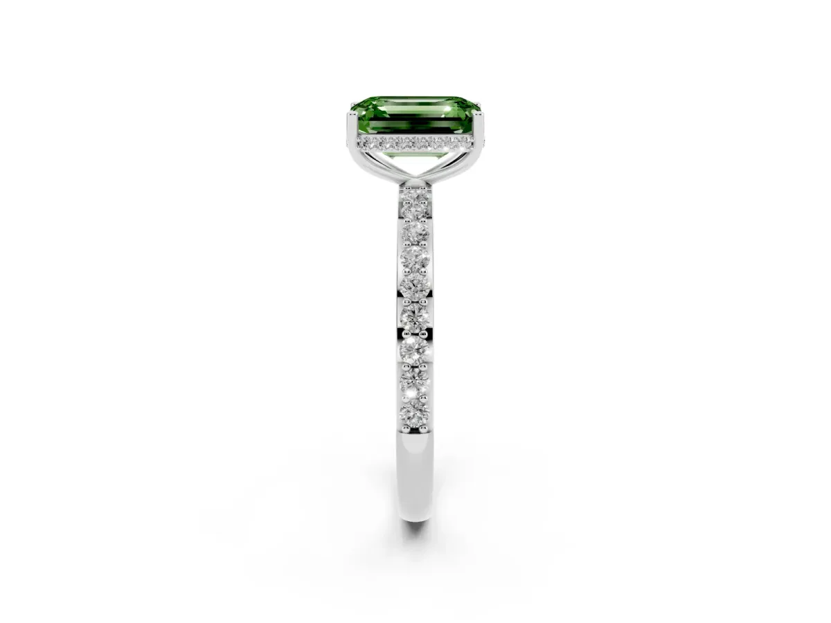 Fancy Green Emerald Cut Diamond Solitaire Ring with Pavé Band and Hidden Halo Silver