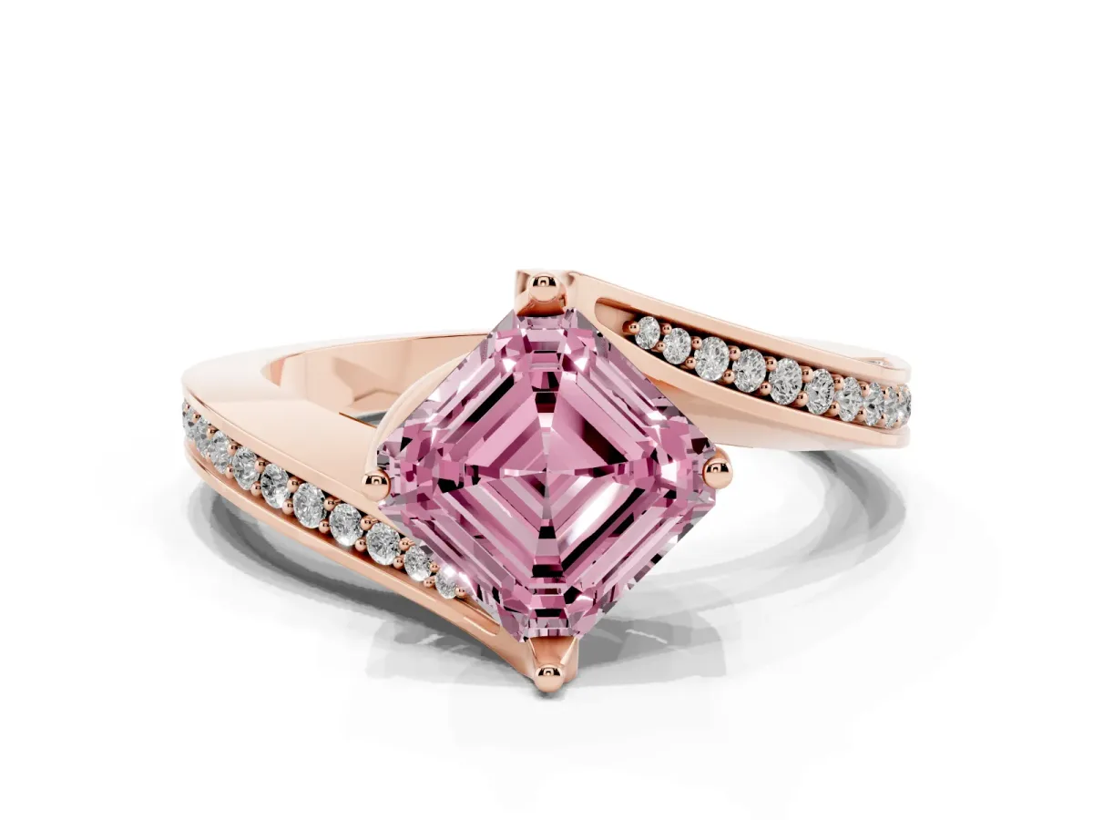 Fancy Pink Asscher Cut Solitaire Diamond Twist Band with Pavé Setting and Four-Prong Setting Rose gold