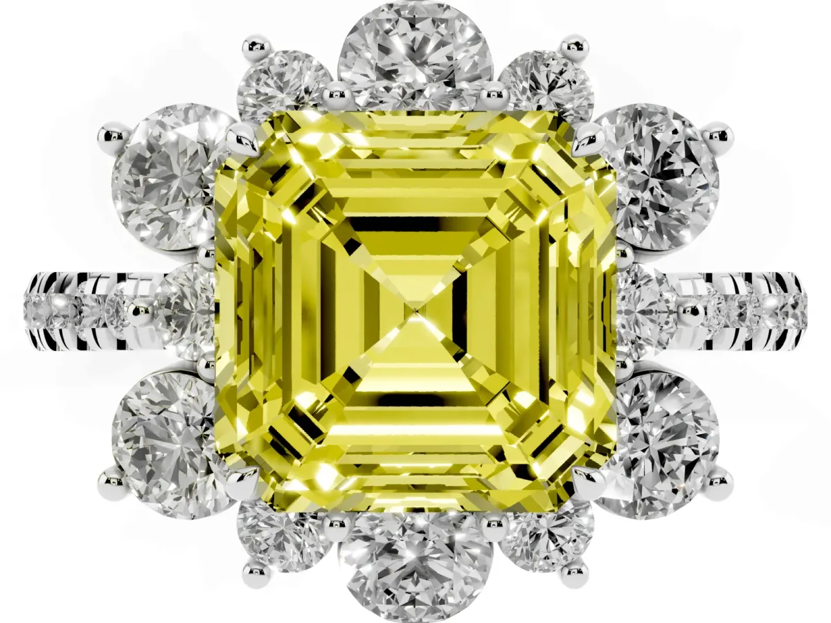 Fancy Yellow Asscher Cut Diamond Floral Halo Ring with Round Pavé Band and Prong Setting White gold