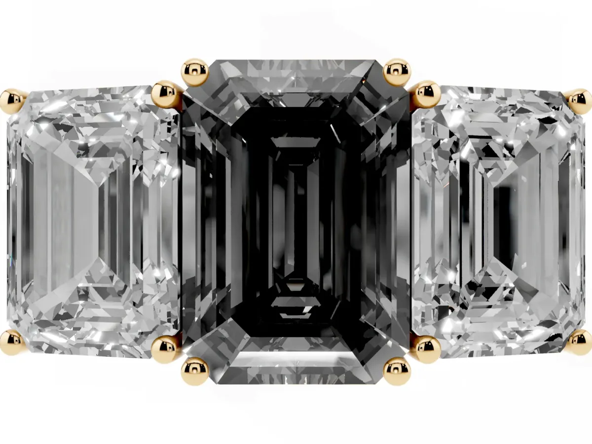 Fancy Black Emerald Cut Diamond Three-Stone Ring with Prong Setting and Textured Band Yellow gold