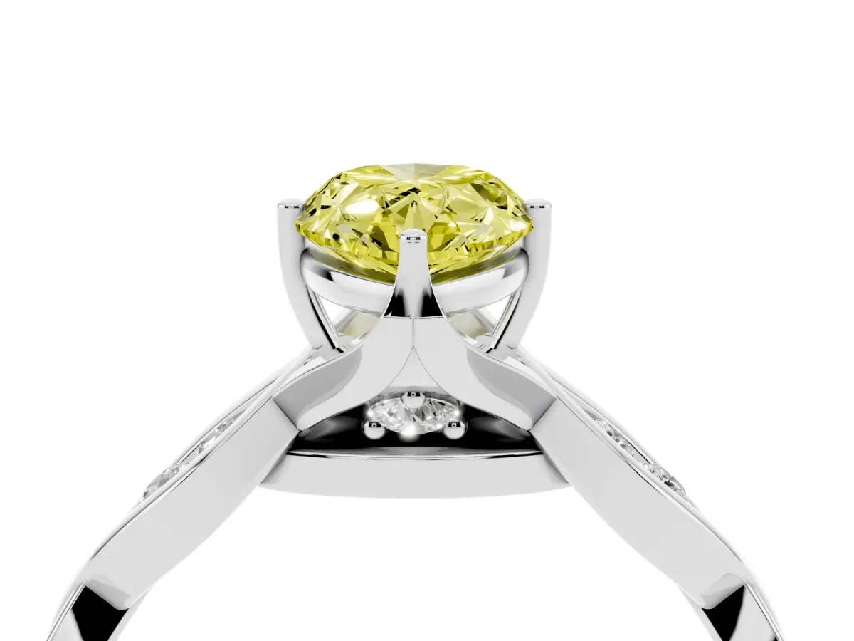 Fancy Yellow Pear Cut Solitaire Twist Band with Leaf Prong Setting White gold