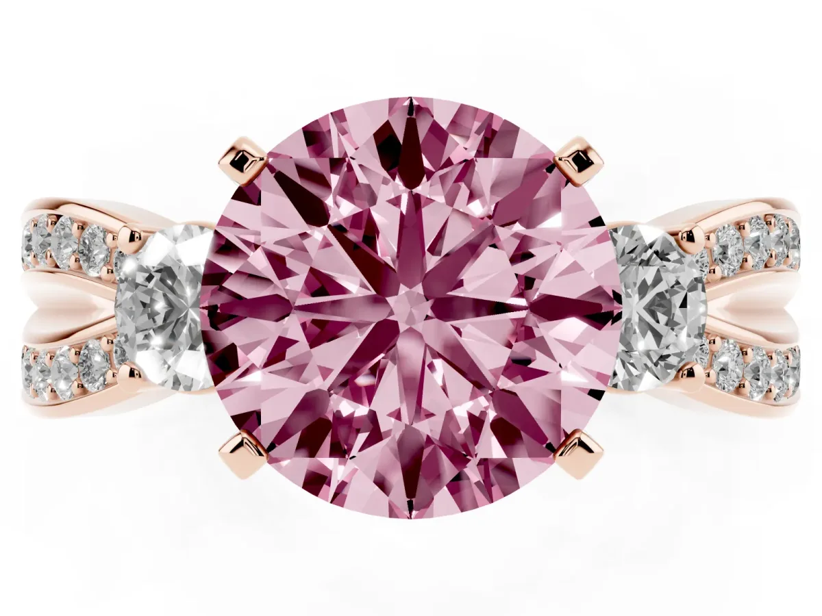 Fancy Pink Three-Stone Round Cut Cut Diamond Twist Band with Prong Setting Rose gold