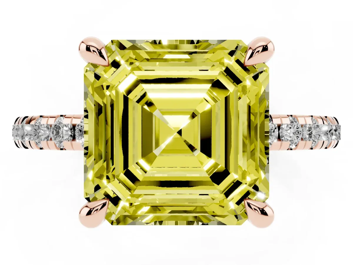 Fancy Yellow Asscher Cut Diamond Brilliant Solitaire Ring with Pavé Band and Four-Prong Setting Rose gold