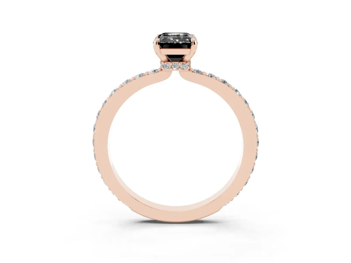 Fancy Black Emerald Cut Diamond Solitaire Engagement Ring with Pavé Band and Four-Prong Setting Rose gold