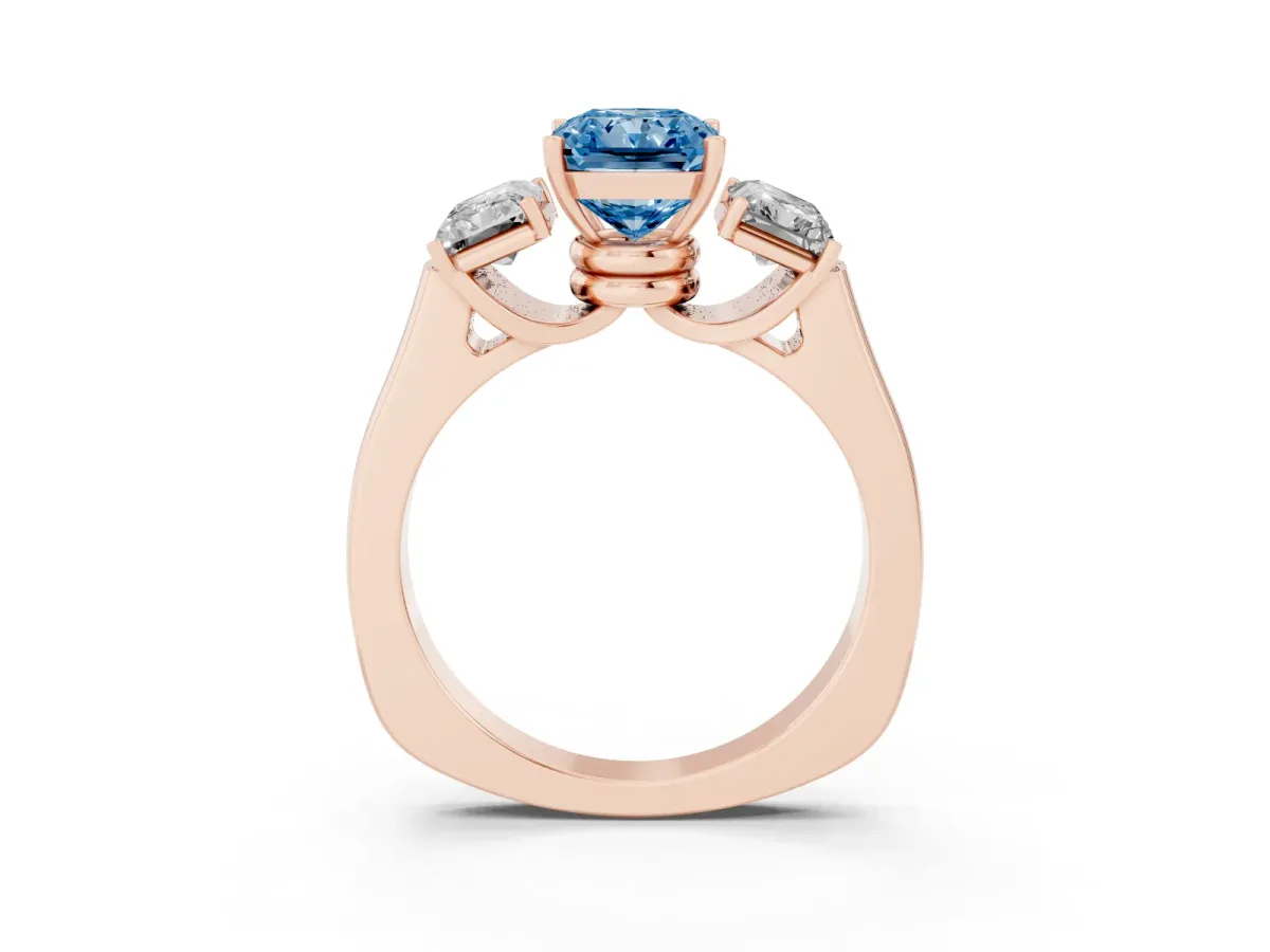 Fancy Blue Three-Stone Radiant Cut Brilliant Diamond Trellis Ring with Comfort Fit Band Rose gold