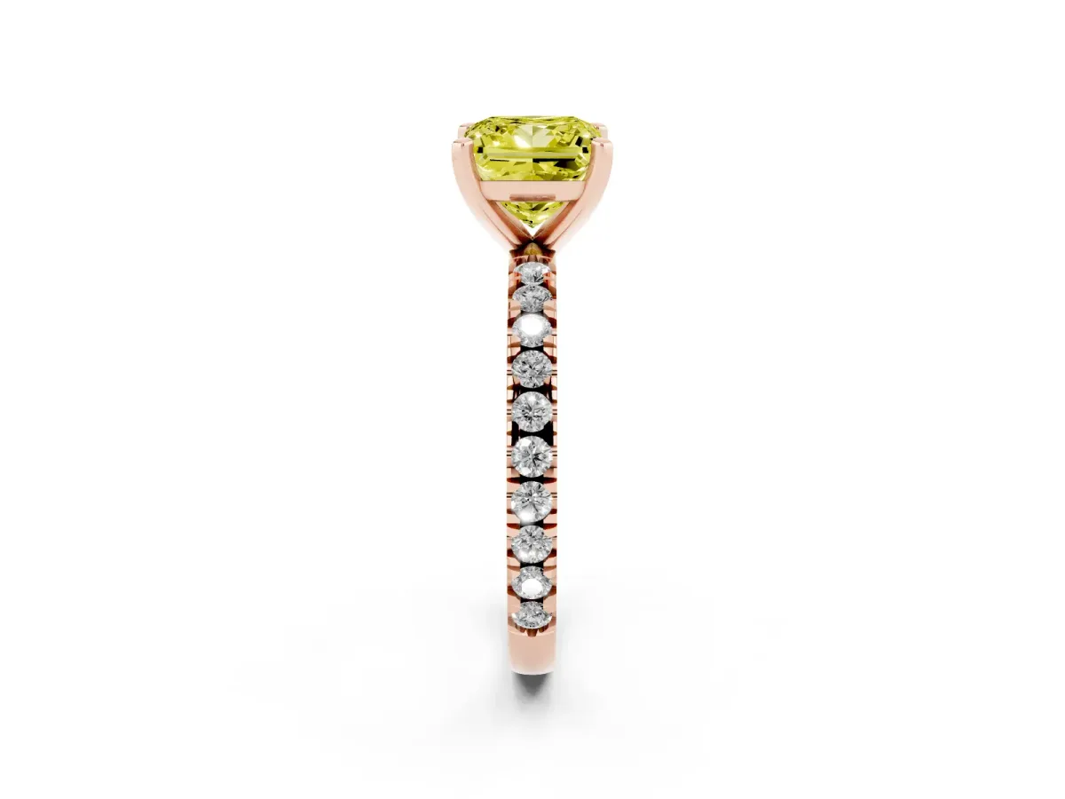 Fancy Yellow Princess Cut Diamond Pavé Band Solitaire with Four-Prong Setting Rose gold