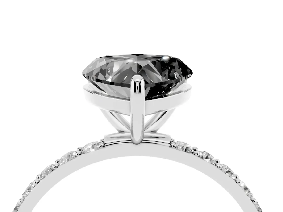 Fancy Black Heart Cut Diamond Solitaire Ring with Round Pavé Band and Prong Setting Silver